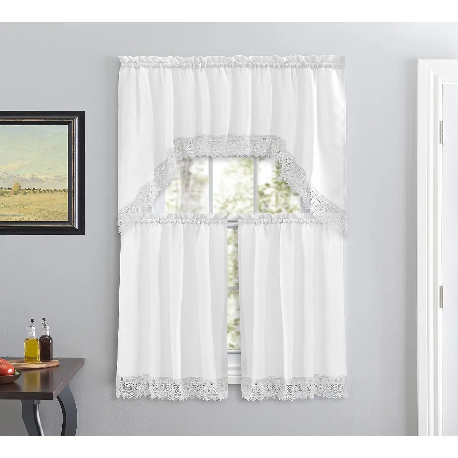 White Embroidered Lace Border Cafe Window Curtains with Valance - Polyester Synthetic Machine Washable Room Decor Curtains for Kitchen, Bathroom, Room Decor Curtain, Polyester Fabric