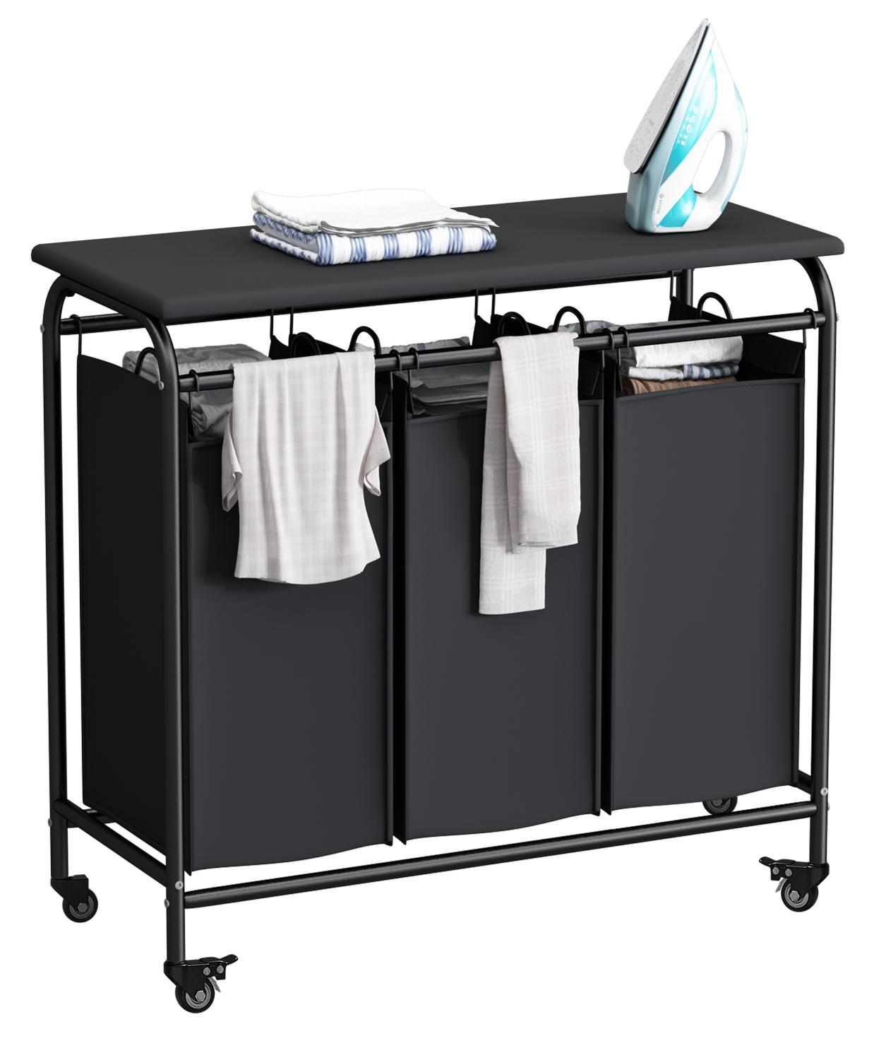 3 Bags Laundry Sorting Basket with Ironing Board and Detachable Waterproof Bag, Heavy-duty Rolling Lockable Wheel Laundry Cart Deals For You Days