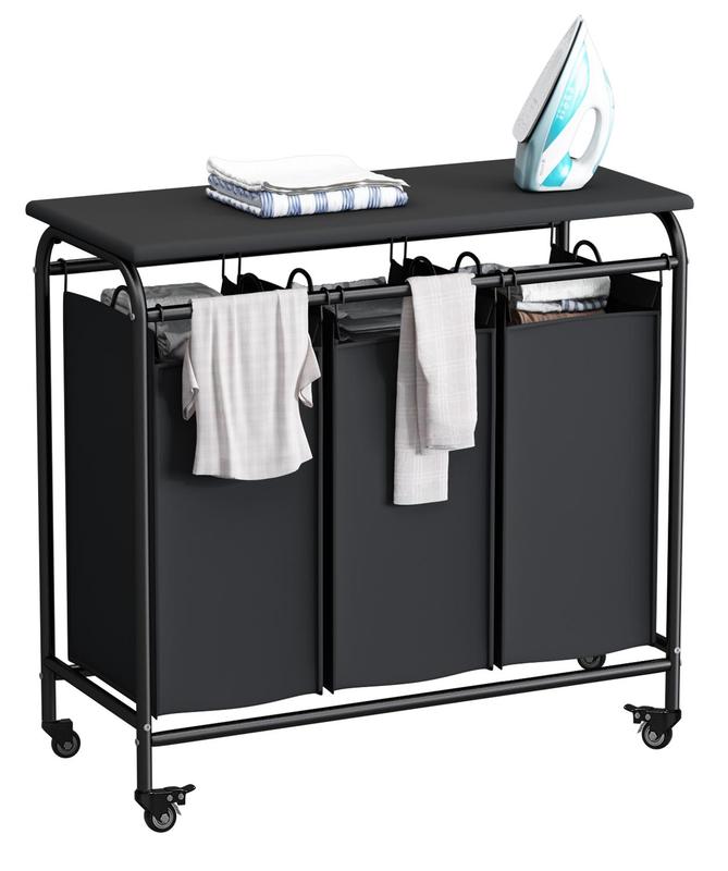 3 Bags Laundry Sorting Basket with Ironing Board and Detachable Waterproof Bag, Heavy-duty Rolling Lockable Wheel Laundry Cart Deals For You Days