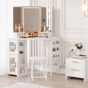 White Corner Vanity Desk and Stool, Corner Makeup Vanity with LED Lighted Mirror Charging Station and Cabinet for Bedroom