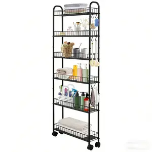 10" Black 6-Tier Slim Rolling Storage Cart - Metal Utility Organizer with Wheels for Kitchen, Bathroom