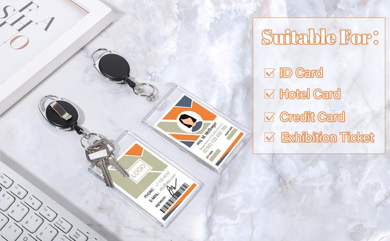 [New Deal] 2 Set Badge Holder Retractable Clip Heavy Duty Reels with Acrylic Clear Vertical ID Card Badge Holders for Work Office Removable Cardholder Hard Plastic