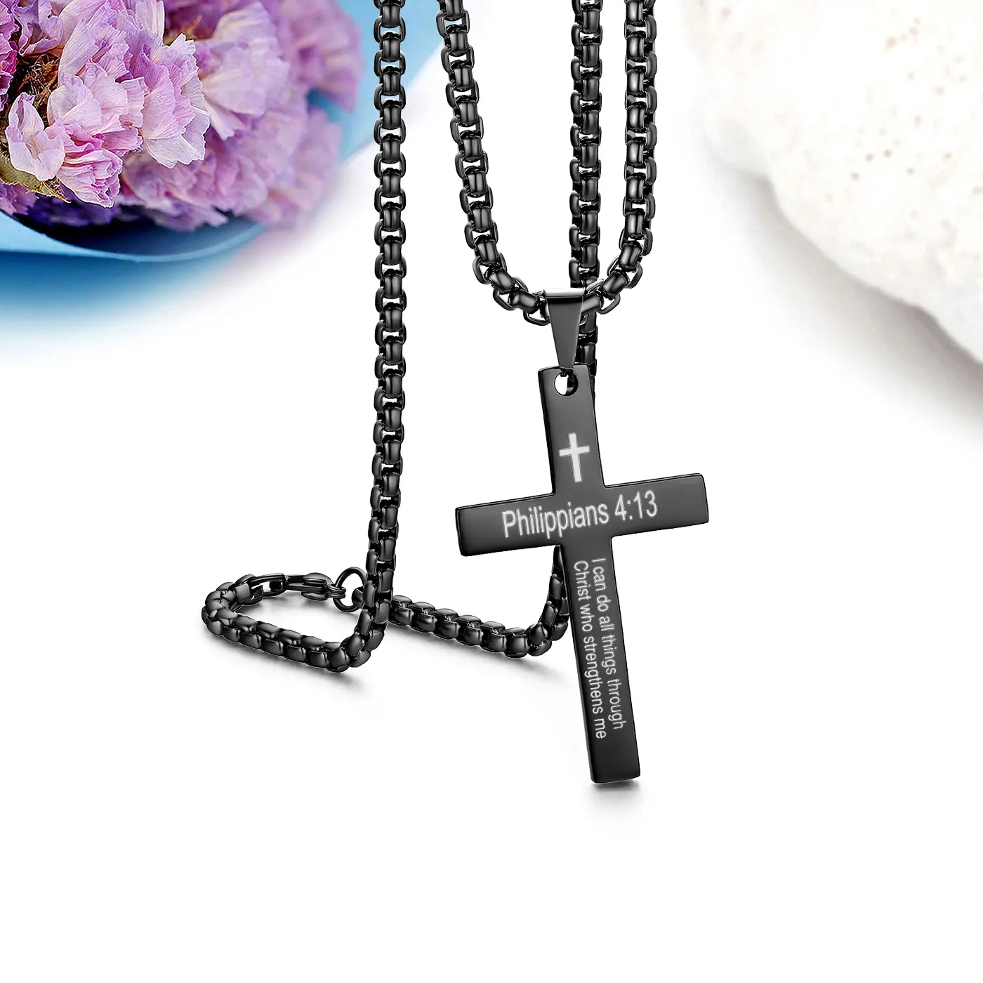 OIDEA Solid Male Stainless Steel Engraved Cross Shape Pendant Necklace - Philippians 4:13 Verse, Rust-Resistant, 5cm×3cm (1.96in×1.18in), Powerful Faith Spiritual Gift for Religious Individuals (Size Details in Product Description)