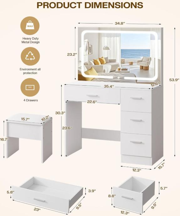 WeCharmer Vanity Desk Set with Round Mirror, Vanity with Lights, Makeup Vanity with Mirror, 3 Lighting Modes, for Bedroom Furniture Table Storage Drawer Modern Design Organizing