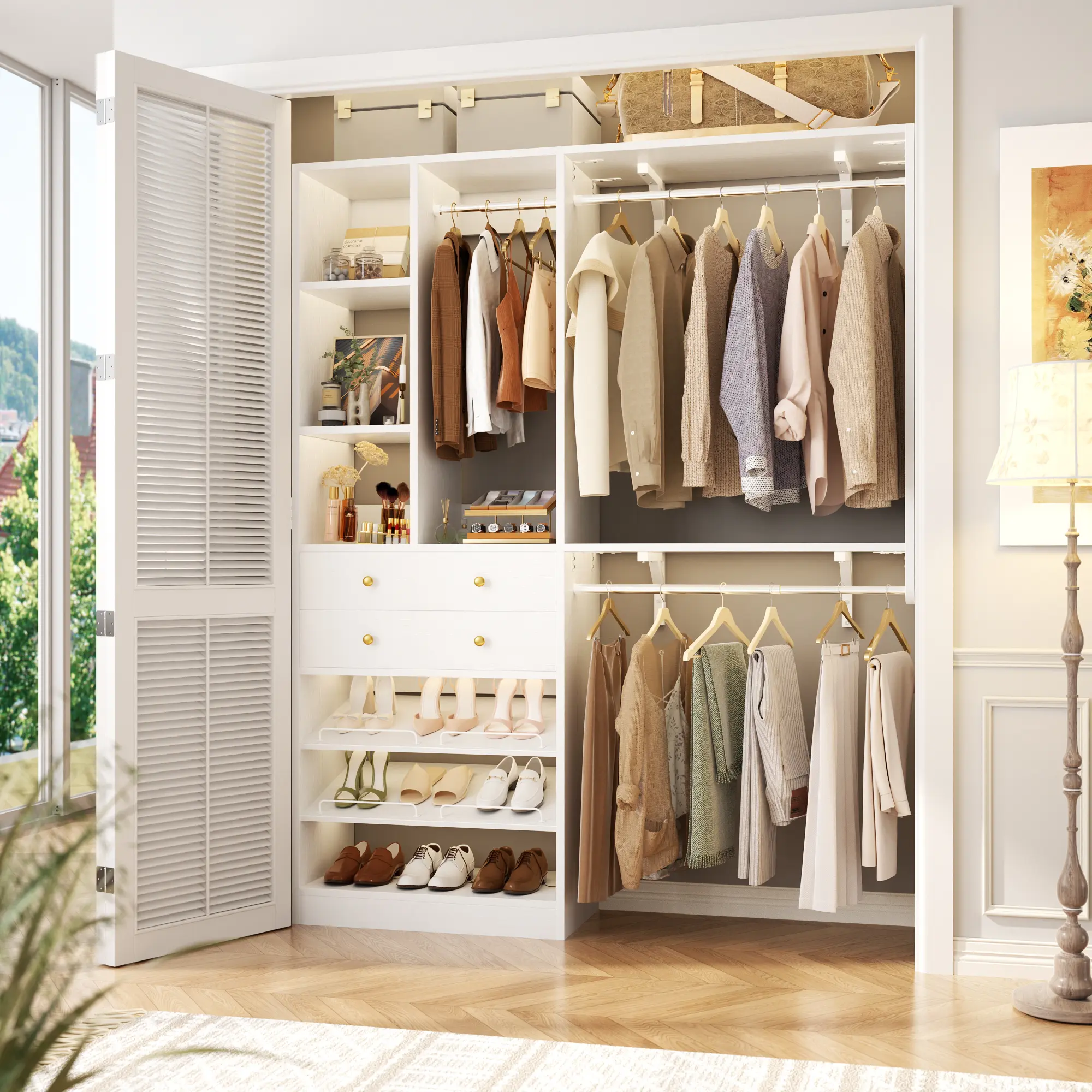 5FT Small Closet System with Drawers, 60" Closet Organizer System with Reversible Hanging Shelving, Closet Systems for Small/Walk-in Closets