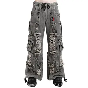 Tripp NYC Shredded Denim Strap Pants [BLACK DENIM]