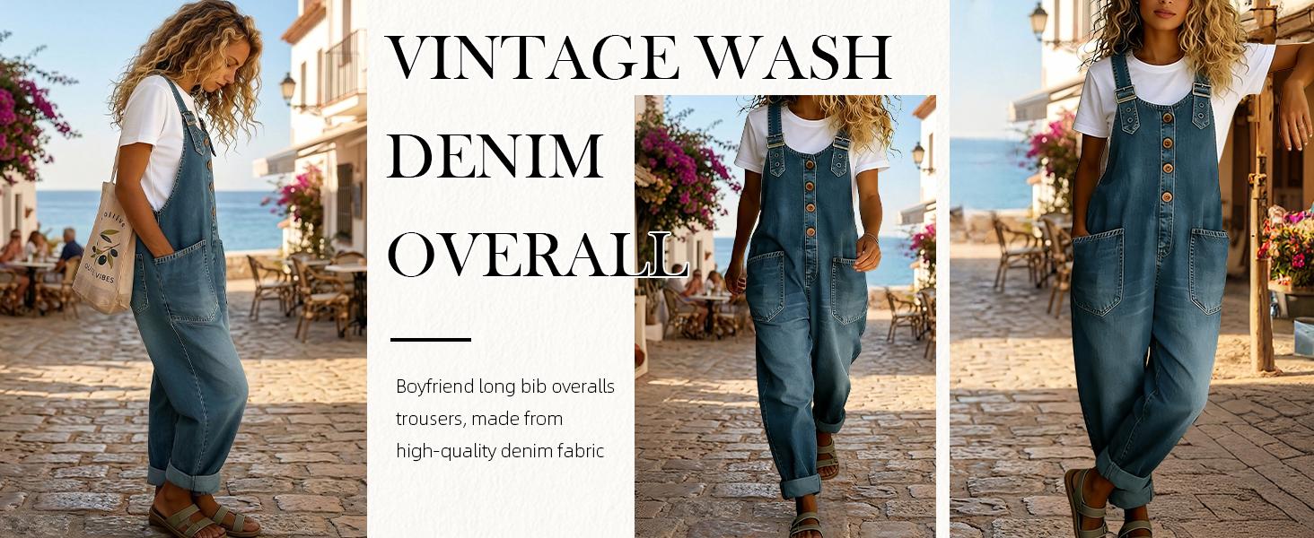 Chouyatou Vintage Loose Wide Leg Jean Bib Overalls Women’s Y2K Button Front Denim Overall Pants One-Piece Romper Jumpsuit