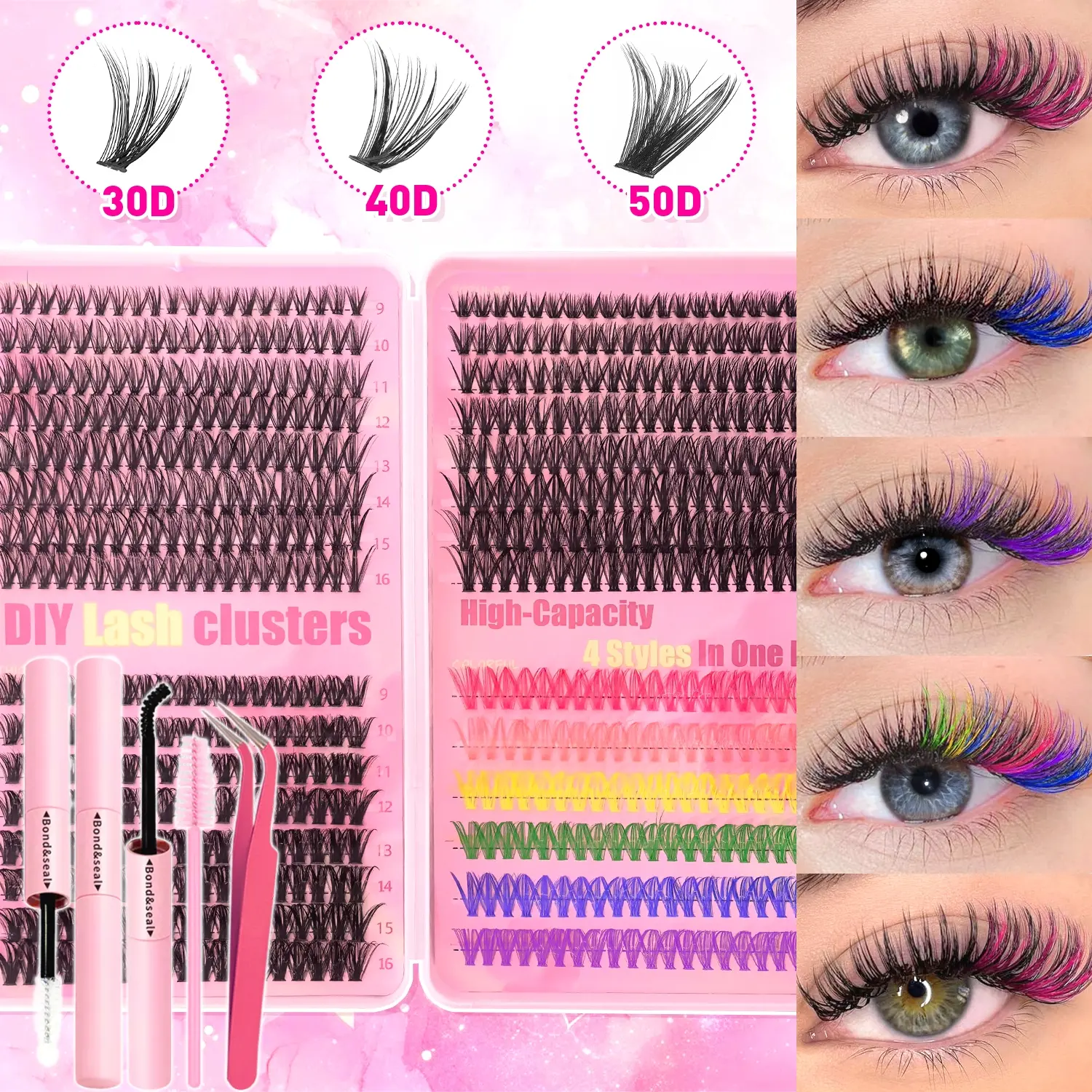 DIY Eyelash Extension, Longer Looking Eyelashes, Available in multiple lengths including 30D, 40D, comes with false eyelash glue, tweezers, brushes, vibrant colors, soft and comfortable to wear