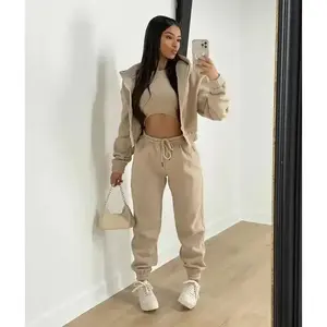 3pcs Women's Clothing Set Fleece-lined Hooded Sweater &Sleeveless Tank Top & Sports Sweatpants Pants