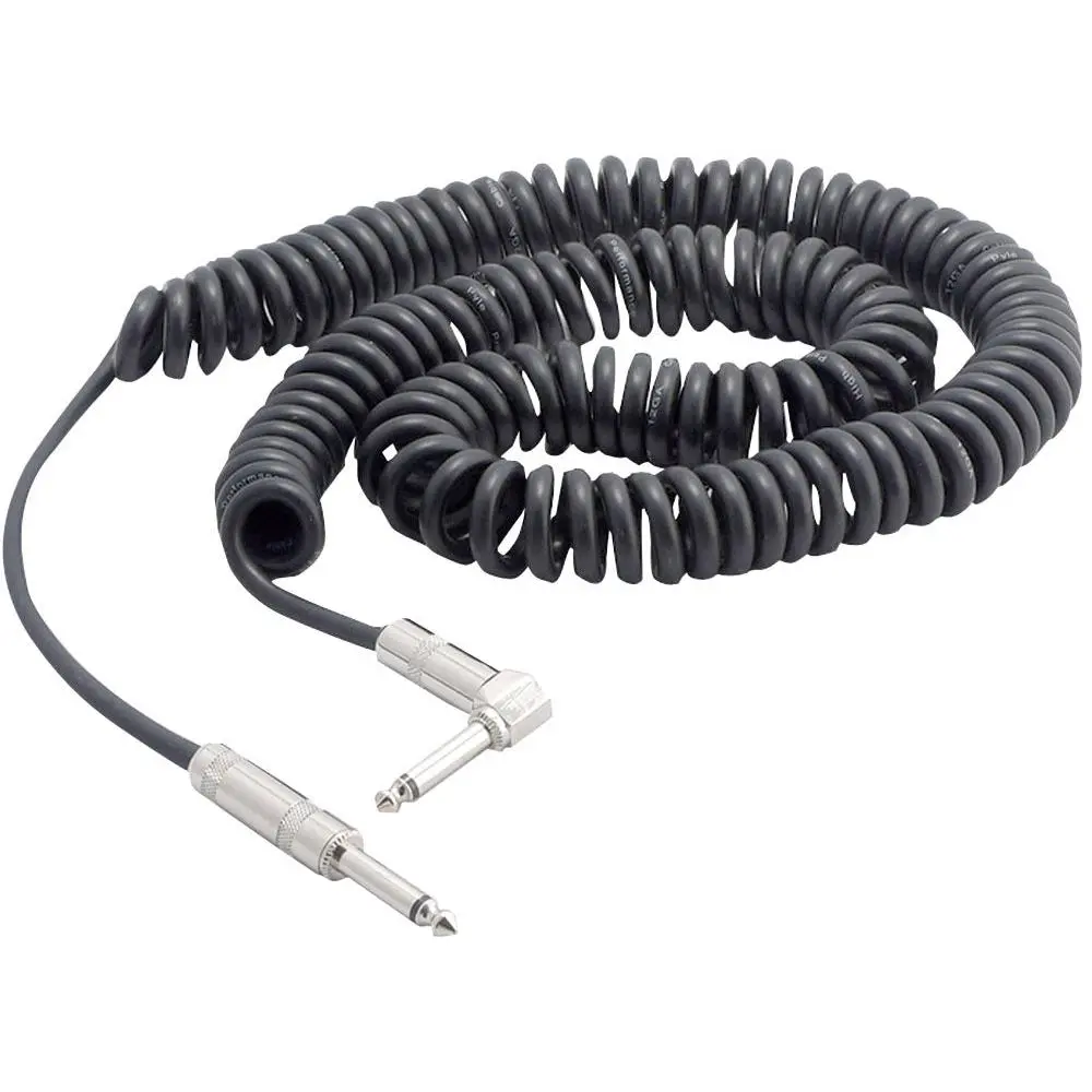 Coiled 25Ft Guitar Cable for Max Signal Transfer | 1/4" Male to Right Angle Instrument Cable - Noise Isolation Fabric Shielded Cord for Electric Guitar, Amp & Synthesizer - For Studio & Stage Use