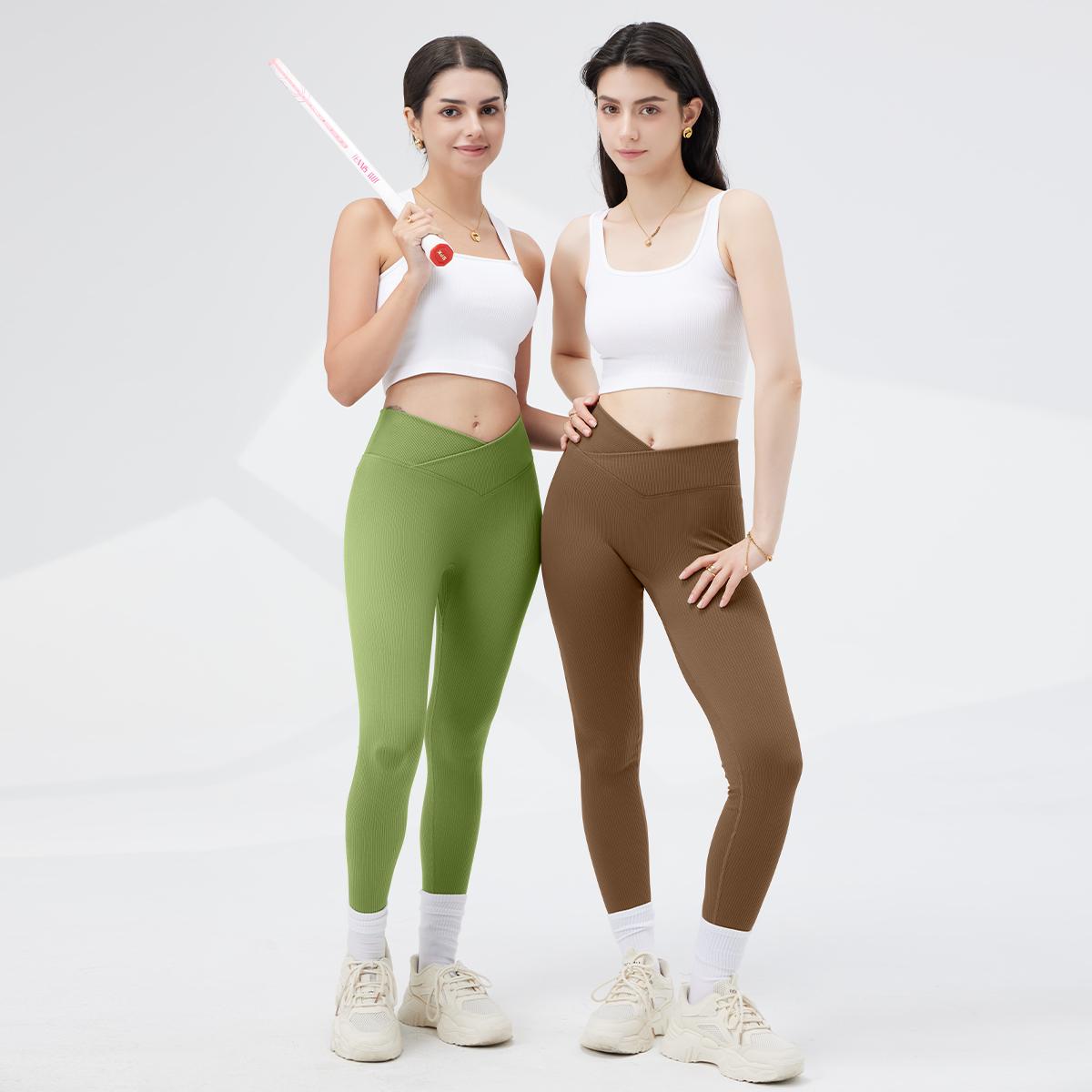 OQQ Women's 2 Piece High Waist Leggings Cross Over Yoga Ribbed Seamless Workout Athletic Exercise Leggings Tight Fitting Pants Gym Outfits SpringStatements