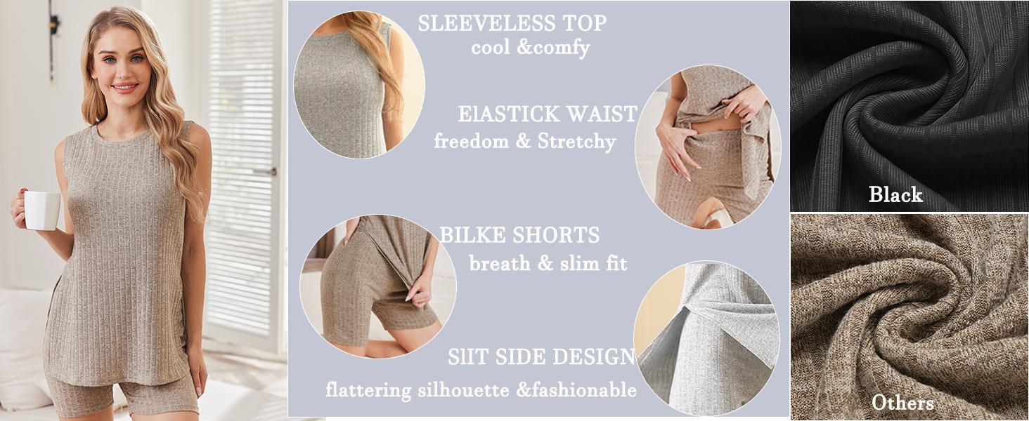 EKOUAER Spring Women's Clothing Sets Summer Striped Knitted Sleeveless Women's 2-Piece Set Cycling Shorts Casual Comfortable Set S-XXL