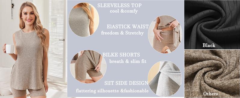 EKOUAER Women's Clothing Sets Striped Knitted Sleeveless Women's 2-Piece Set Cycling Shorts Casual Comfortable Set S-XXL