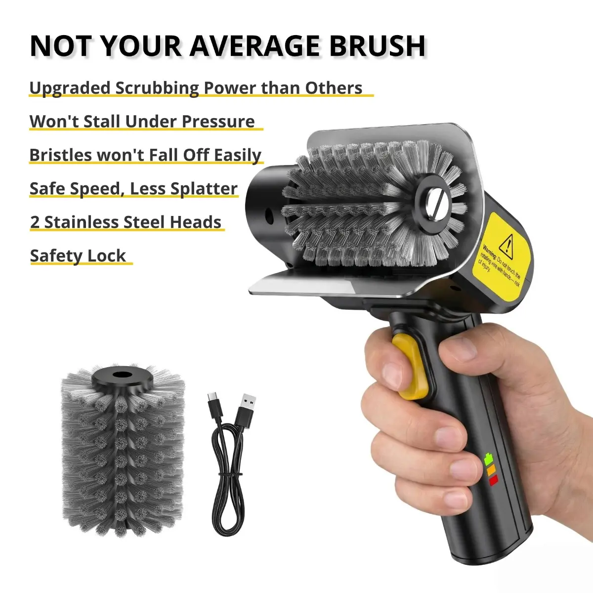 Multi-Purpose Electric Brush, Rechargeable High-Torque Metal Scrubber with 2 Food-Grade Stainless Steel Heads, Compact BBQ Grill & Garden Tool Cleaner for Tight Corners, Patios and Garage Spot Cleaning