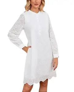 YEXPINE Women’s Long Sleeve Eyelet Hollow Out Mini Dress Fall Flowy Boho Crew Neck Button Down Short Shift Dresses