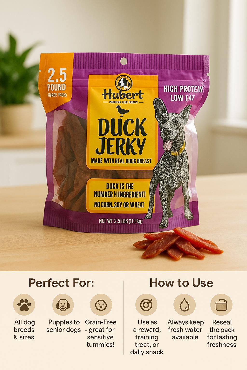 Hubert Duck Jerky Dog Treats – Real Duck Breast, High Protein, Low Fat, Duck Jerky chew, Healthy Snacks for Small to XL Breeds, Long-Lasting Chews | 2.5 Lbs Bulk Pack