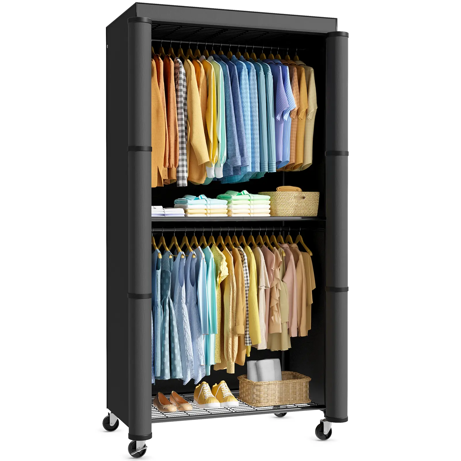 Black Iron Frame Wardrobe Rack with Cover - 35.4"x17.7"x79.7", Heavy Duty, Rust-Resistant, Open Front, Lockable Wheels, Bedroom Use, Home Organizer Storage Closet