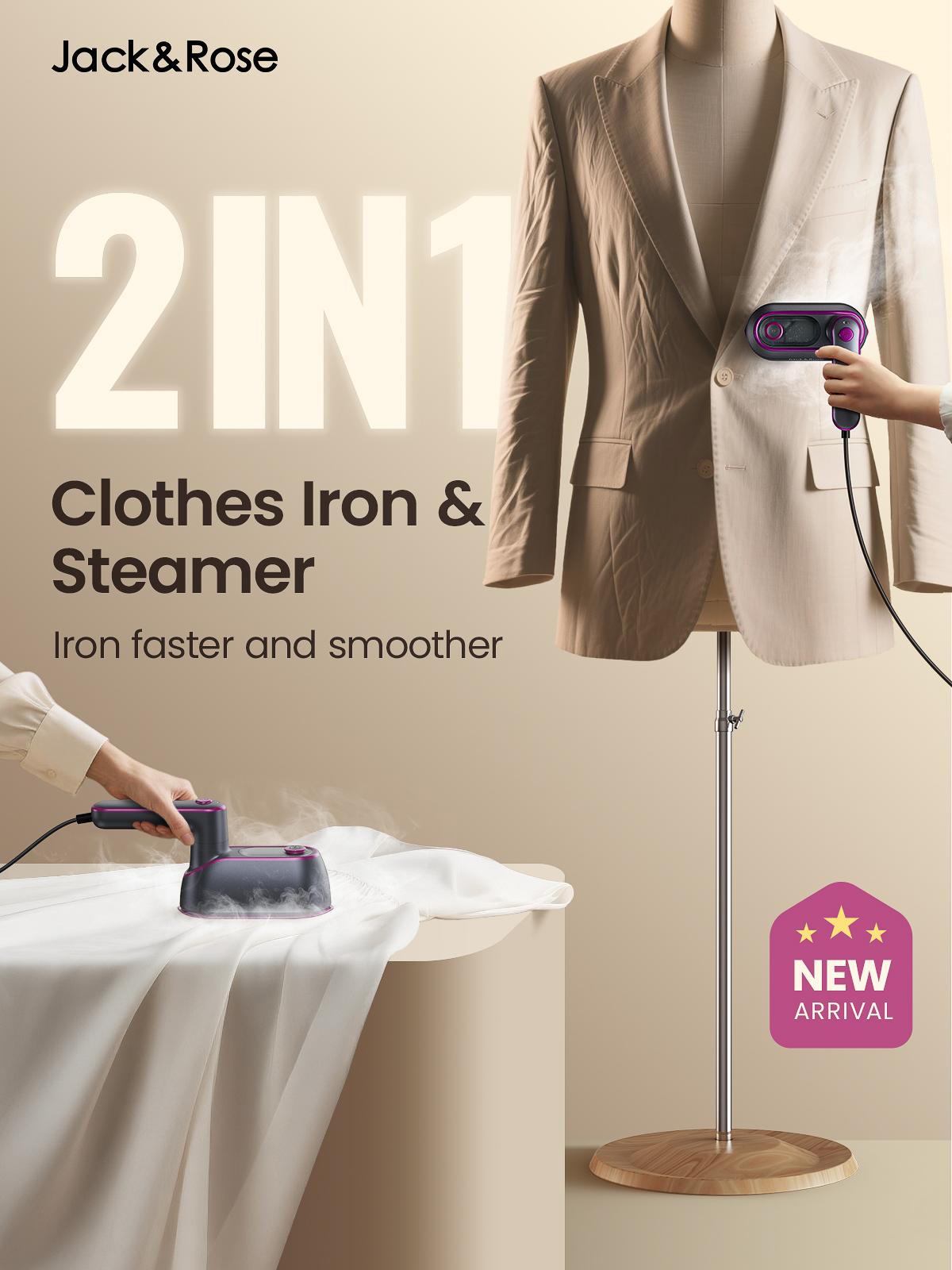Jack&Rose 2-in-1 Steam Iron & Clothes Steamer - Handheld Portable Garment Wrinkle Remover, Fast Heat-Up, Large Soleplate, 150ml Water Tank - Lightweight for Home, Travel,