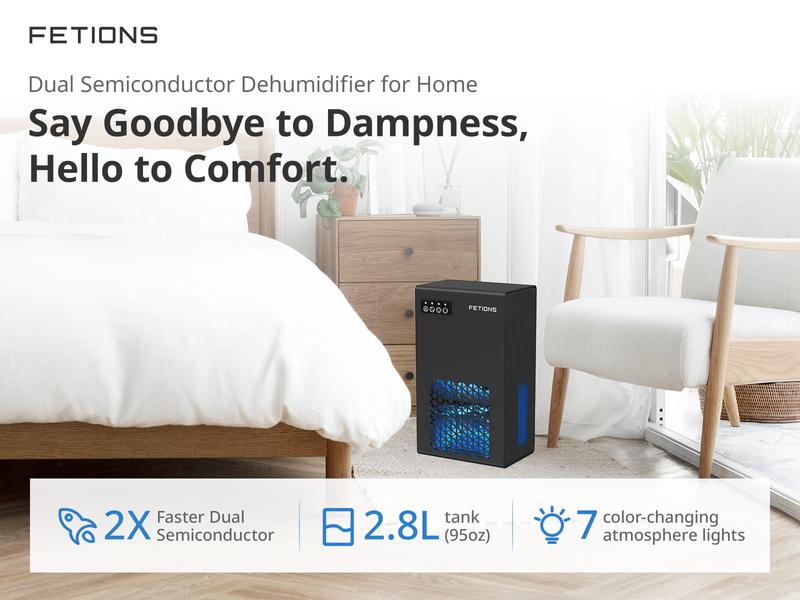 Fetions Portable Dehumidifier, 95oz Tank, High-Efficiency, 7 Customizable Color Settings, Drain Hose Included, Perfect for Bedroom, Bathroom, Kitchen, Basement – Black