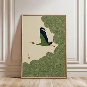 [Sale off up to 50%] [Free ship] [No Frame] Japanese Crane in Swirling Cloud Skies, Woodblock-Style Poster