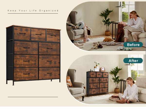 Sweet Furniture S -  Dresser for Bedroom with 9 Drawers, Fabric Dresser with Tall Chest of Drawers, Storage Organizer Unit with Fabric Bins