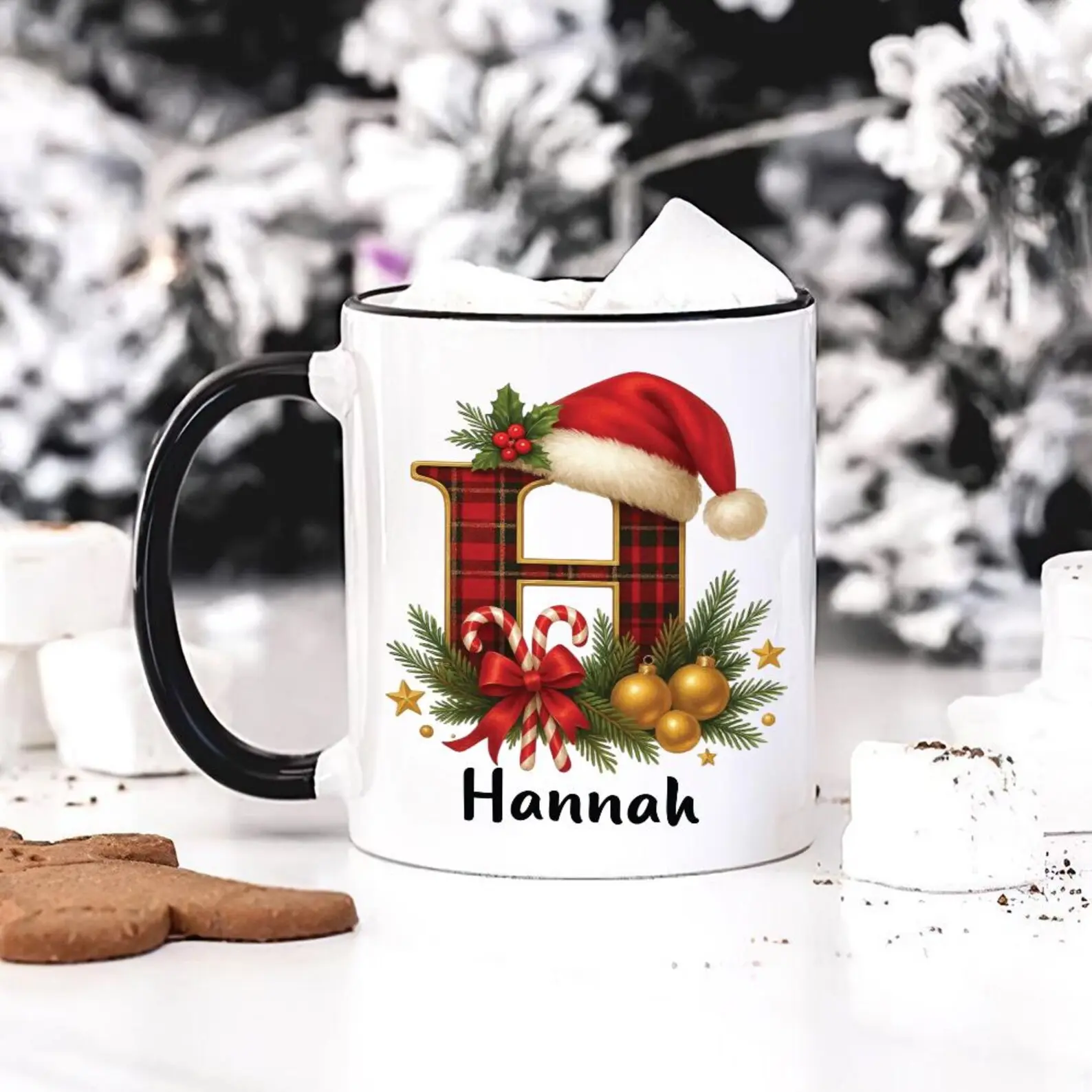 Personalized Christmas Mug Custom Holiday Coffee Cup Secret Santa Gift Festive Xmas Decor Stocking Stuffer Idea Custom Name Hannah 11oz or 15oz Ceramic Microwave & Dishwasher Safe Ideal for Coffee Tea or Hot Chocolate Lovers