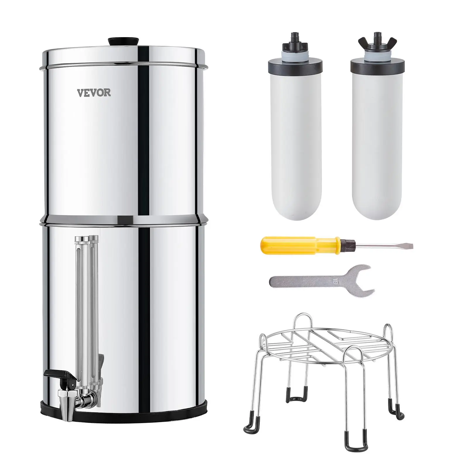 【Backtoschool】VEVOR Gravity-fed Water Filter System, 2.25G 304 Stainless-Steel Countertop Water Filtration System, Reduces Lead and up to 99% of Chlorine, with 2 Ceramic Carbon Filters, Water Level  Spigot, Stand