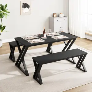 Dining Table Set for 4, Kitchen Table with Sturdy Metal Frame, Rectangular Dining Room Table Set with 2 Benches, Saving Space for Dining Room, 44.8"