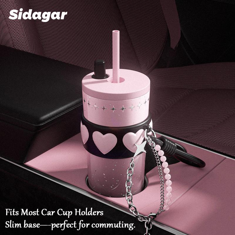 [Sidagar] Water Bottle For Tumbler Cup, Heart Band Drinkware With Bracelet Charm, 316L Stainless Steel with Ceramic-Coated Interior Coffee Cups, Leak-Proof Straw Lid, Portable Flask, Fits Car Cup Holder, Women Gifts Boy Gifts24oz