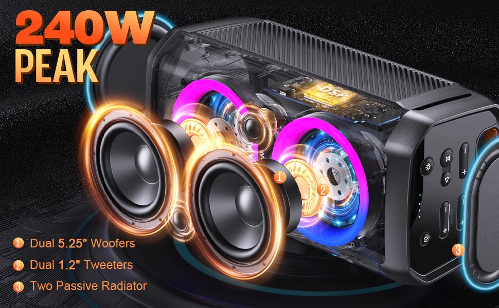 W-KING T11 Party Bluetooth Speakers 240W IPX6 Waterproof 5.3 Wireless 115dB Bass Hi-Fi DSP Karaoke Mic Lights USB EQ for Smartphones & Parties
