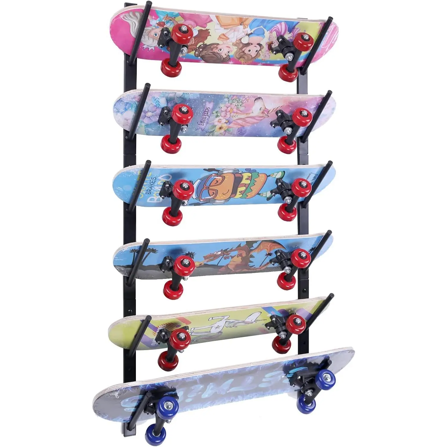 Vantage Mounts Heavy Duty Skateboard Wall Mount, 6-Layer Carbon Steel Snowboard Display Hanger Rack. Sturdy Vertical Longboard Storage Bracket & Ski Holder Metal Shelving for Home Garage, Bedroom Studio & Retail Shop.