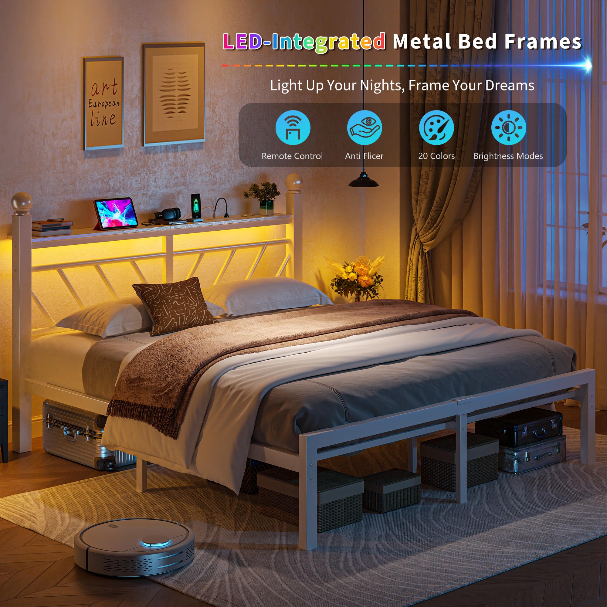 【880 lbs Capacity】Queen Size Metal Bed Frame with LED Lights,Sturdy Bed Frame with Headboard, NO MATTRESS Include,Under Bed Storage Space & Strong Metal Slats, Strong Metal Slats Support,Noise-Free, Easy Assembly,Black