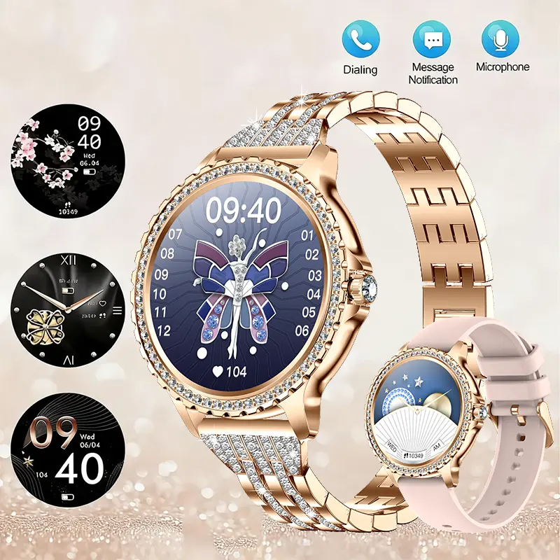 2026 New IP68 Rose Gold Women’s Smart Watch with Diamond-Studded Dial & Diamond Strap, 1.32” HD Full Touchscreen, Bluetooth Call Answer or Reject, Sleep & Step Tracker, 100+ Sport Modes, AI Voice Assistant, USB Charging, Extra Strap, Gift for Women