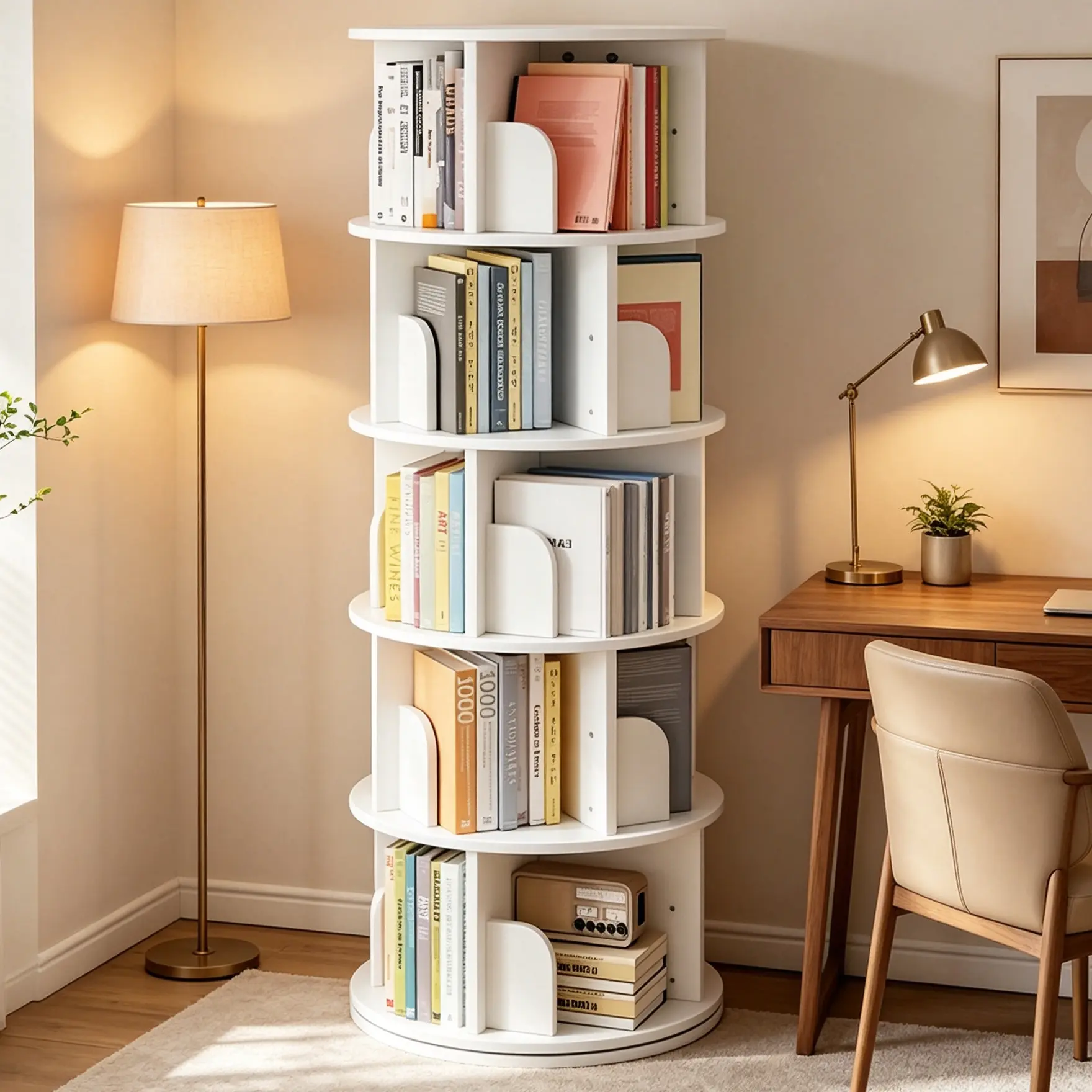 5-Tier Round Form Office Bookcase Tower with 360° Rotatable Base, Freestanding Books Storage with Wheels, Durable Natural MDF Space-Saving Contemporary Furniture for Small Spaces (Requires Assembly)
