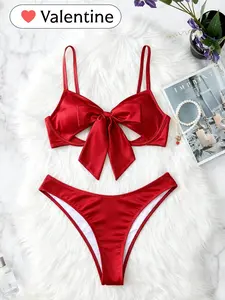 RSLOVE Valentine's Day Lingerie Sets for Women Sexy Satin Bow 2 Piece Bra and Panty Sets with Underwire Cups & Adjustable Straps The Ultimate Holiday Gift For Her Fit Matching Silky