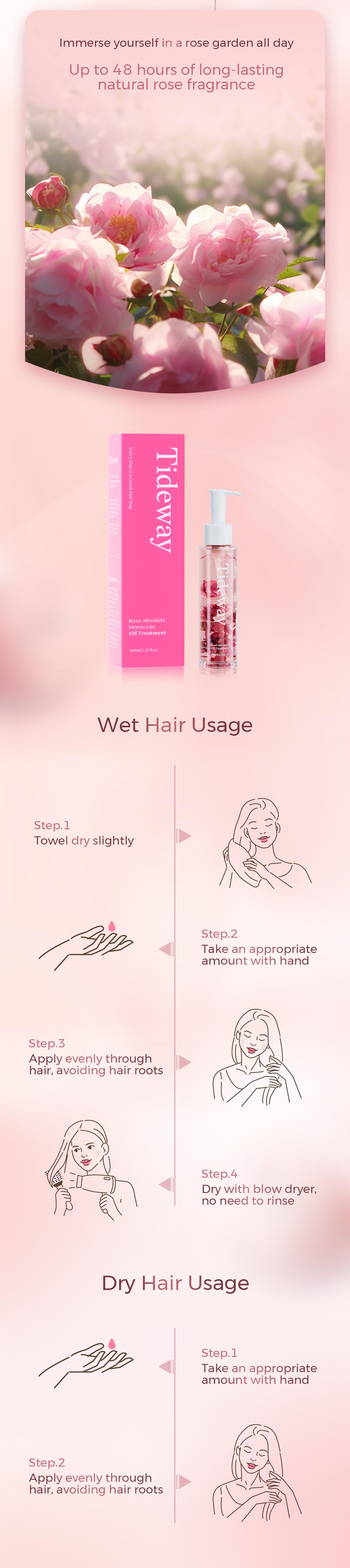 【New Arrival Deal】Tideway Beauty Rose Absolute Moroccan Oil Treatment - Nourishing Rose Petal Infusion for Soft, Shiny, and Resilient Hair with 6 Plant Oils, 48-Hour Fragrance, and Heat & UV Protection - 3.38 oz