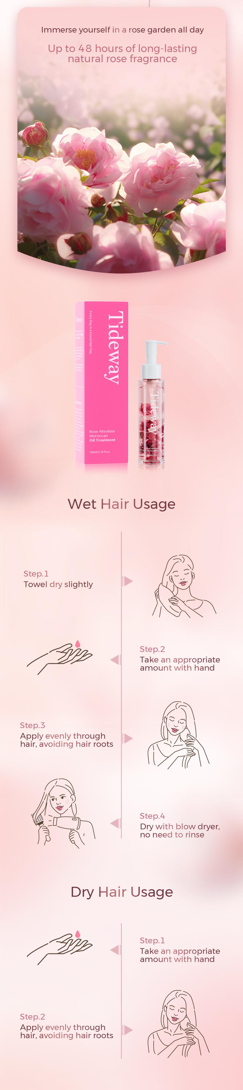 【New Arrival Deal】Tideway Beauty Rose Absolute Moroccan Oil Treatment - Nourishing Rose Petal Infusion for Soft, Shiny, and Resilient Hair with 6 Plant Oils, 48-Hour Fragrance, and Heat & UV Protection - 3.38 oz