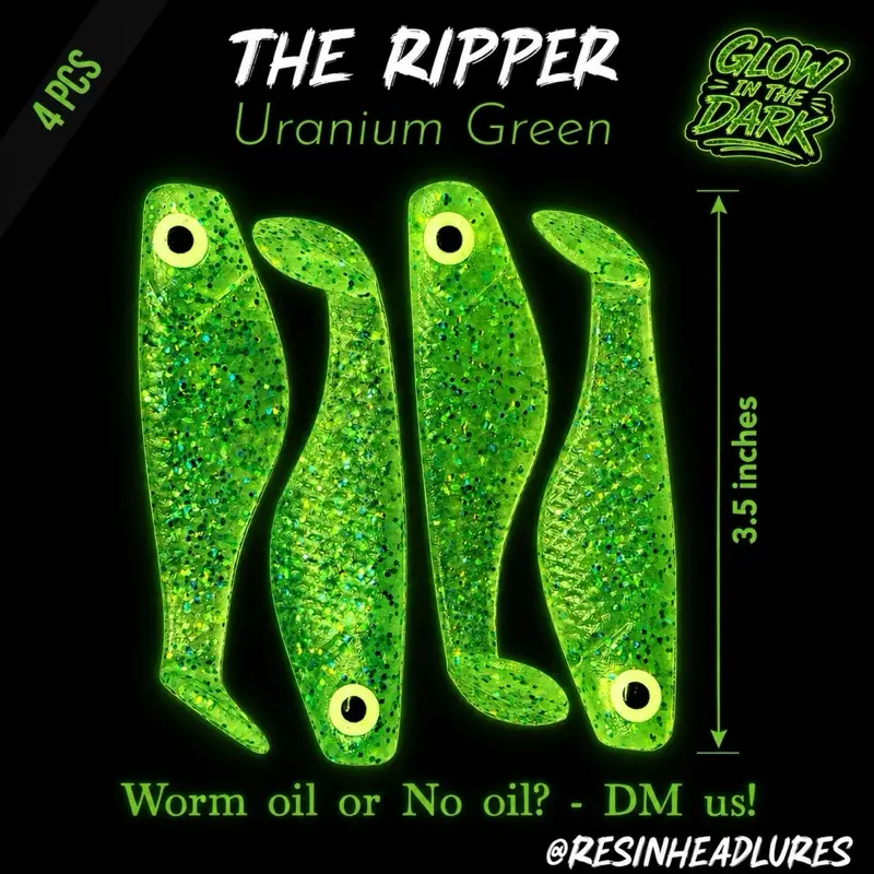 4pcs Handmade GLOW IN THE DARK Paddletail (3.5”) for Saltwater and Freshwater. Night fishing bait. For bass, walleye and more!