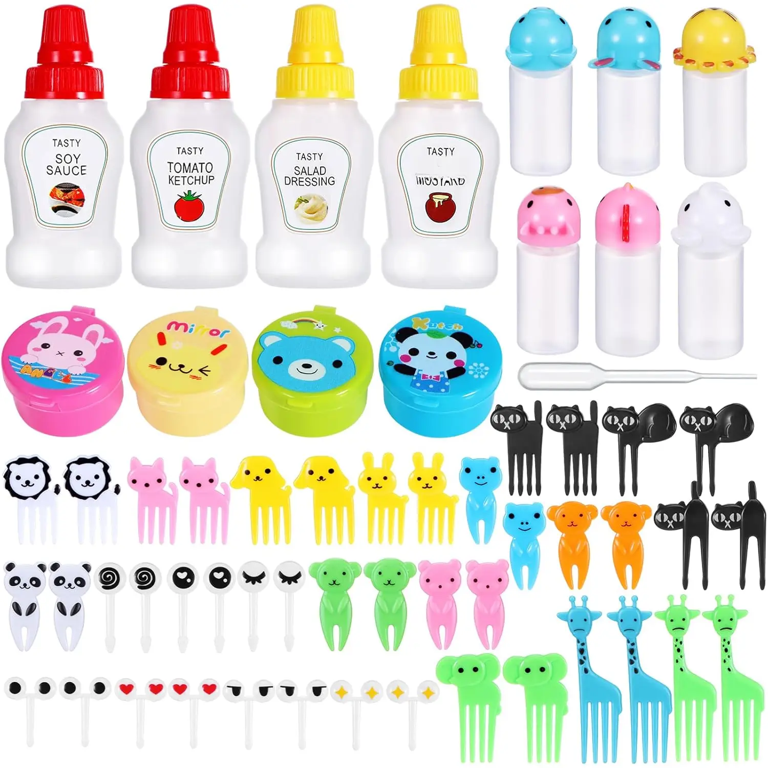 50-Count Animal-Themed Plastic Kitchen Utensils Bento Box Accessories Kit - Wide Mouth Mini Seasoning Bottles, Ketchup Squeeze Bottles, Soy Sauce Containers with Funnel for School, Camping Use (Bunny, Monkey, Elephant, Giraffe, Pig Designs), Parties, Stur