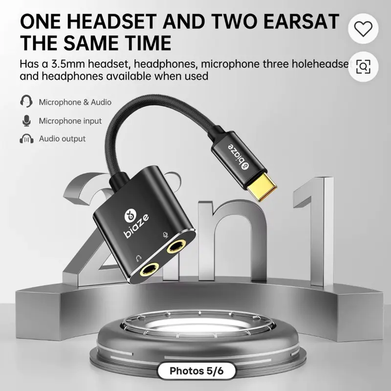 Biaze Y25 USB-C 3.5mm Stereo Jack Audio Adapter External Sound Card Headphones Microphone Compatible Windows Mac Linux PS5 PS4
