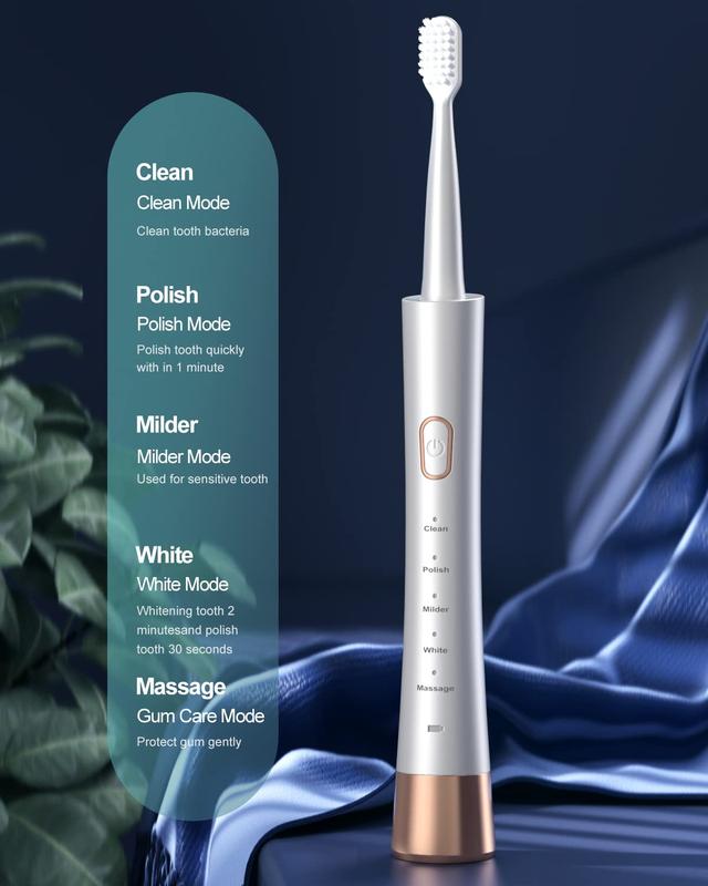 Sonic Whitening Toothbrush , 3 Brush Heads, Wireless Charging, Lightweight, Waterproof, Rechargeable Electric