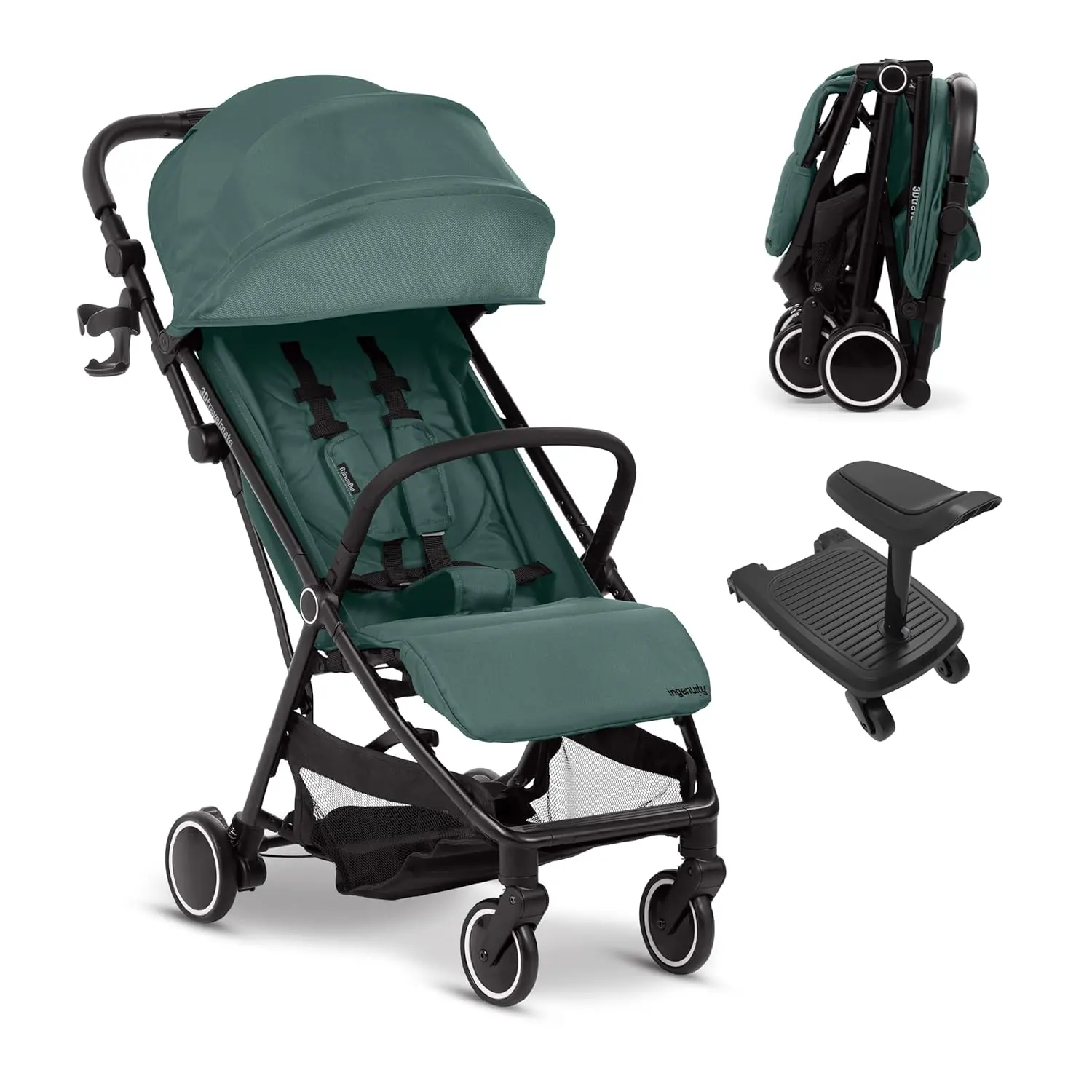 Ingenuity 3D Travelmate Pro Lightweight Travel Stroller with Fold-Away Ride-On Board, Overhead Bin Compatible, Car Seat Ready, One-Hand Fold, Protective