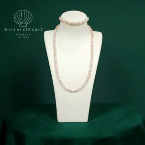 Set09-Light Pink Seedless Pearl Set Necklace and Bracelet Natural Pale Pink Color Pearls Full Strand Rice Shape Pearls Blush Dreamy Pink Color Set with S925 Clasp and Strong Luster