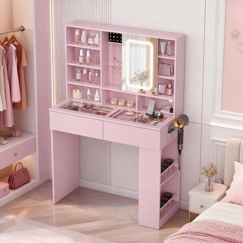 Ktaxon Vanity Table with RGB Lights & 3-Tone Dimmable Bulbs - Glass Top Dresser with 3 Drawers, 2 Glass Doors & 2 Side Shelves | Built-in Power Strip, Hair Dryer Holder