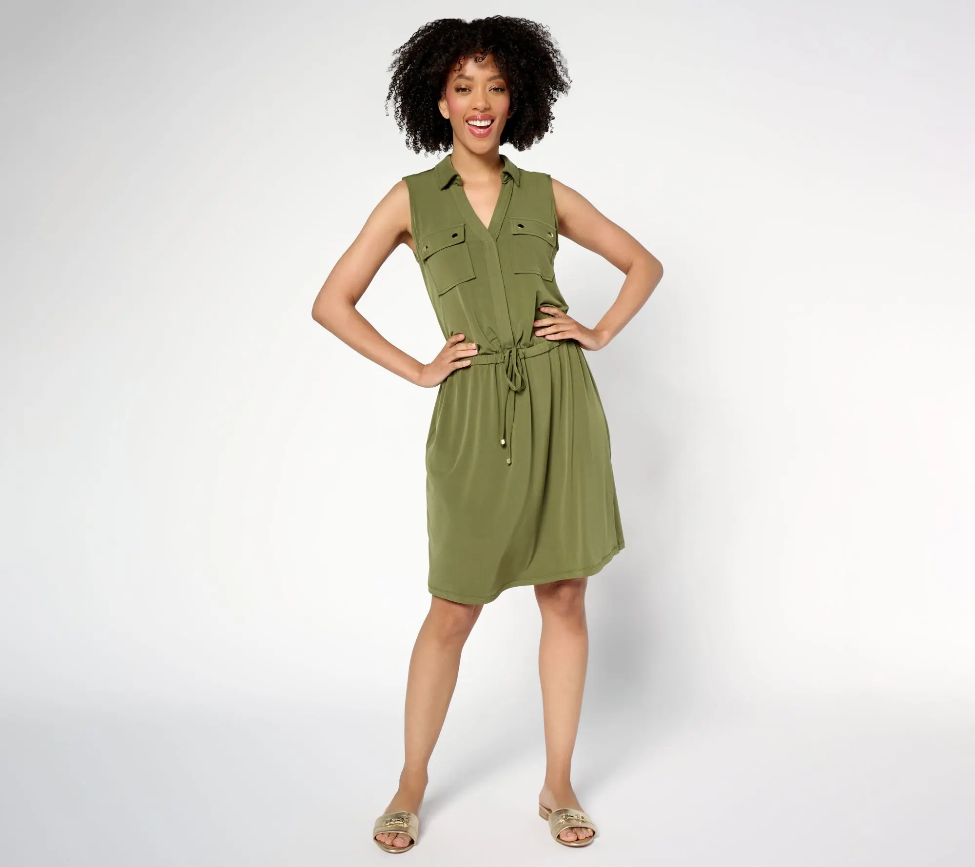 Susan Graver Every Day Petite Liquid Knit Drawstring Waist Dress