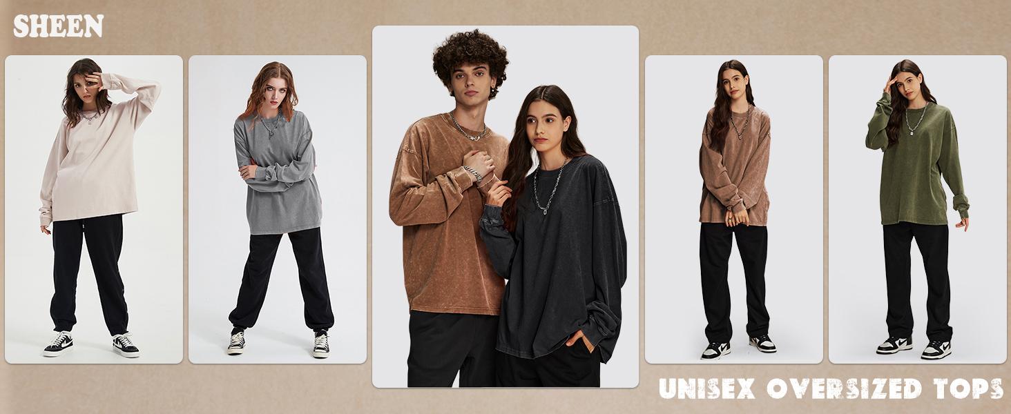 Yimoon 3 Pack Oversized T-Shirts for Women And Men Cotton Long Sleeve Vintage Acid Wash Baggy T Shirts
