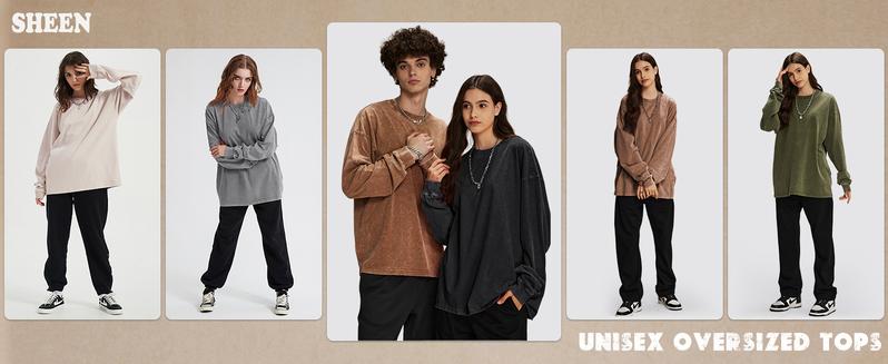 Yimoon 3 Pack Oversized T-Shirts for Women And Men Cotton Long Sleeve Vintage Acid Wash Baggy T Shirts