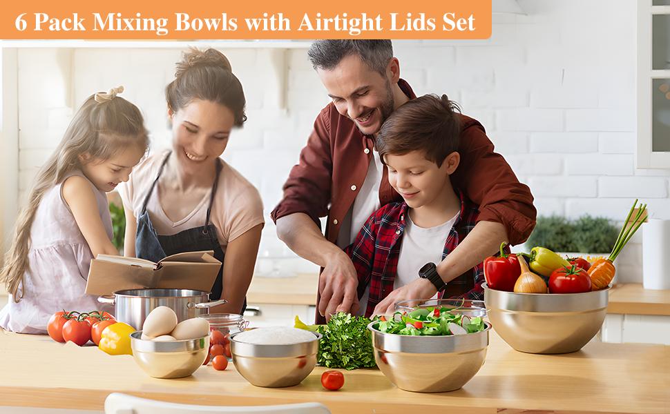 Mixing Bowl Set, 6 PCS Stainless Steel Mixing Bowls with 3 Grinder Attachments, Kitchen Food Organizer Nesting Mixing Bowls Tableware Durable