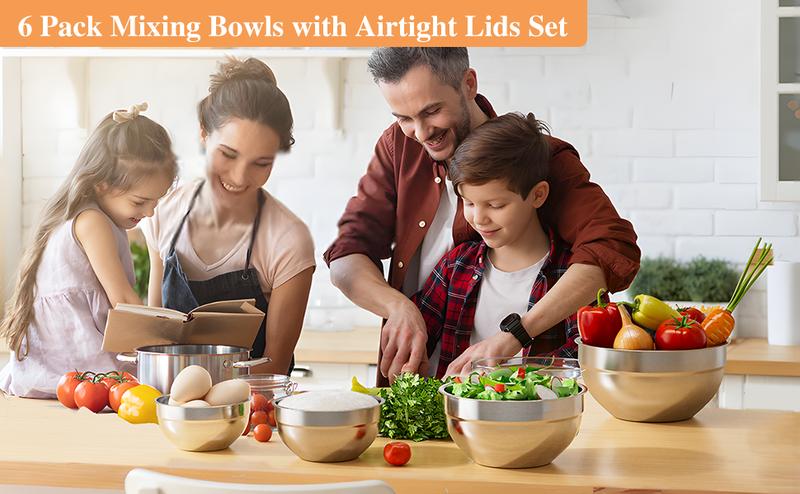 Mixing Bowl Set, 6 PCS Stainless Steel Mixing Bowls with 3 Grinder Attachments, Kitchen Food Organizer Nesting Mixing Bowls Tableware