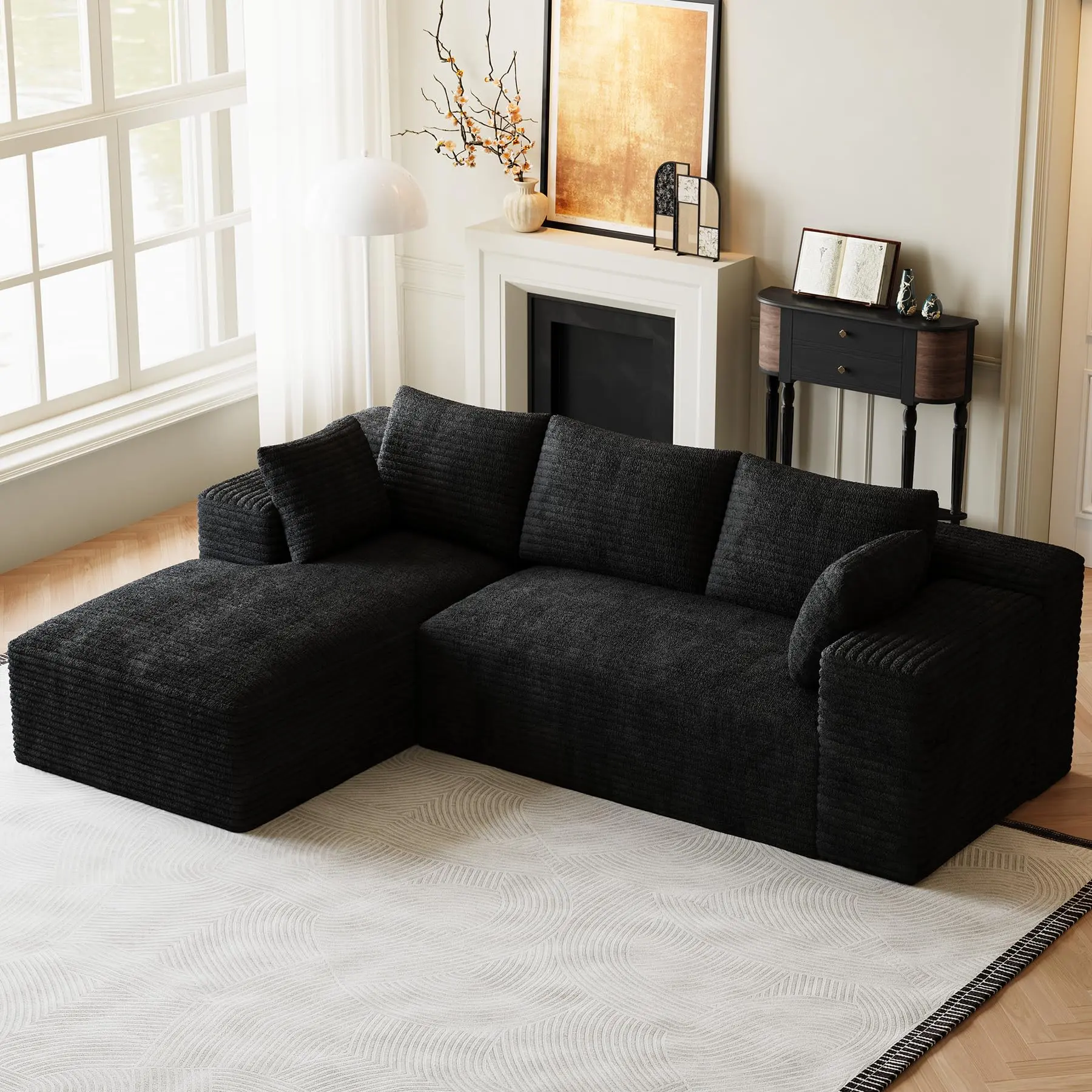 96" Left-Facing L-Shaped Minimalist Cloud Sectional Sofa with Chaise Lounge, Plush Black Ribbed Corduroy Boneless Sturdy Comfy Couch, Tool-Free Vertical Modular Compressed Indoor Living Room Furniture, Boneless Couch, Sofa Sectional Couch